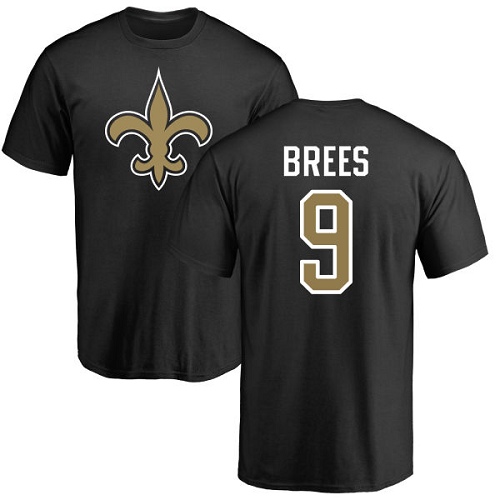 Men New Orleans Saints Black Drew Brees Name and Number Logo NFL Football #9 T Shirt